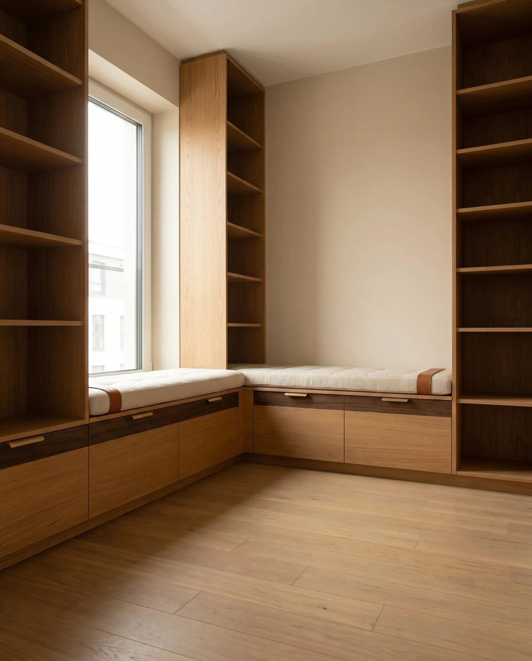 Siedzisko okienne z biblioteczką — detal